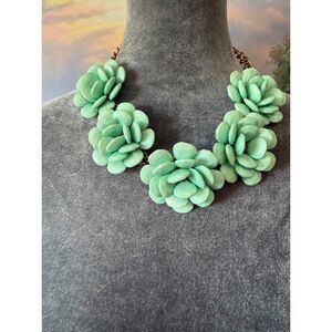 Vintage Gold Tone mint Green Bib Flower Necklace W/Rhinestone Center